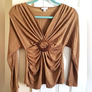 CACHE Twist Front Top, Brown gold, Long Sleeve Blouse- M